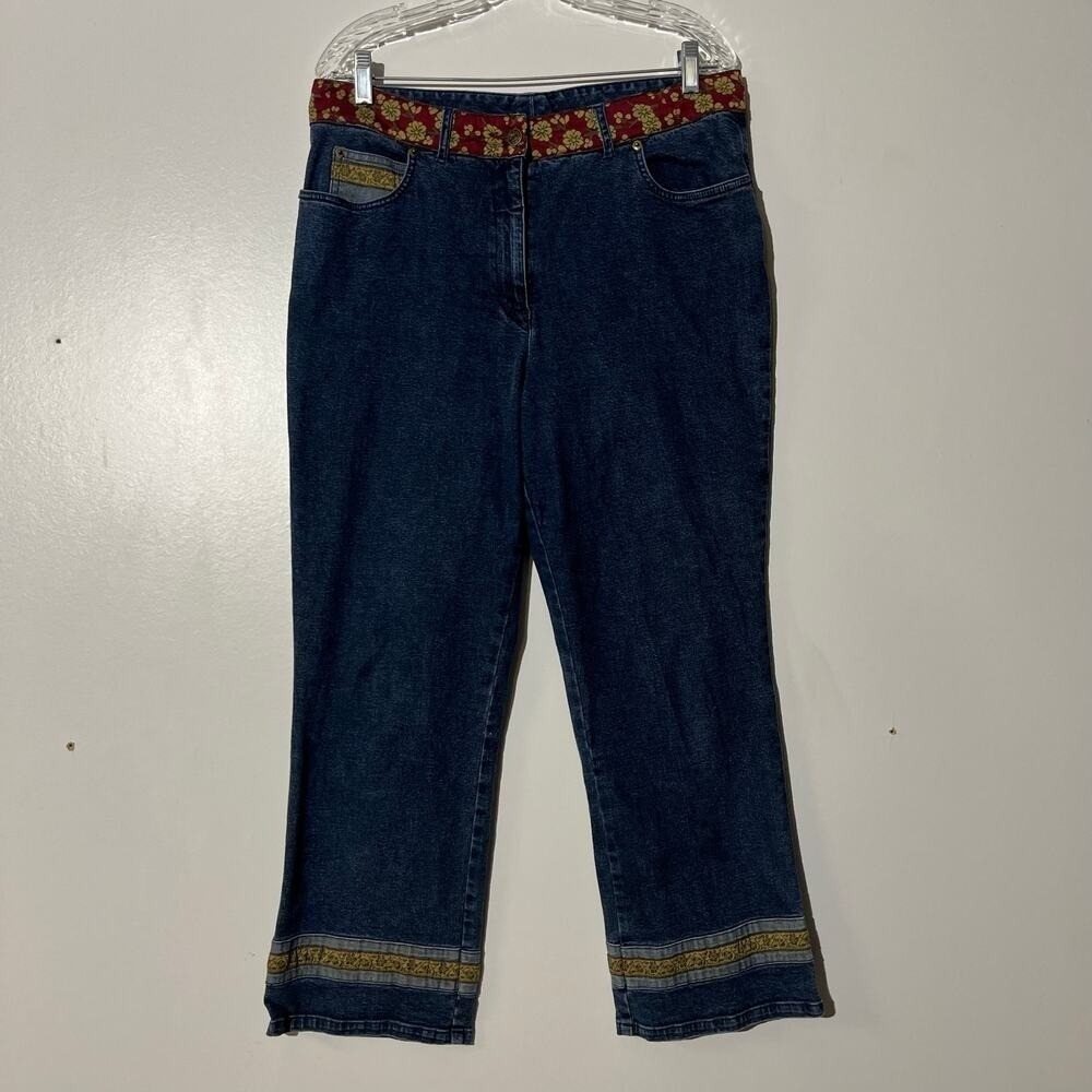 WilliSmith Straight Wide Leg Floral Print Trim 5 Pocket Blue Denim Jean Women 14